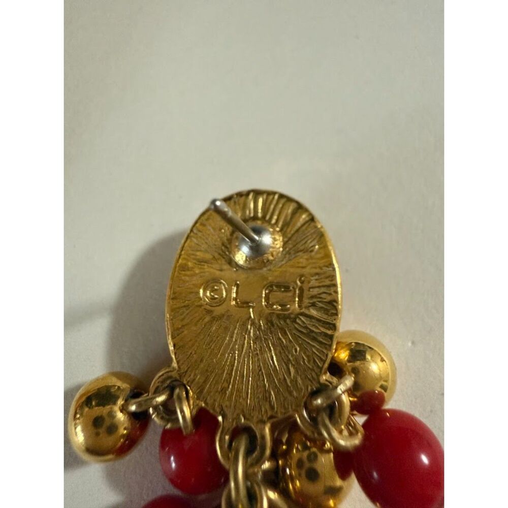 Liz Claiborne Goldtone And Red Beads Pierced Earrings - Picture 2 of 3